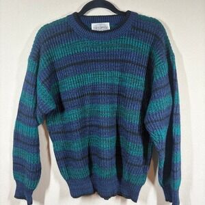 Vtg Saugatuck Sweater L‎ Blue/Green Striped Chunky Cozy Fisherman Retro Relaxed